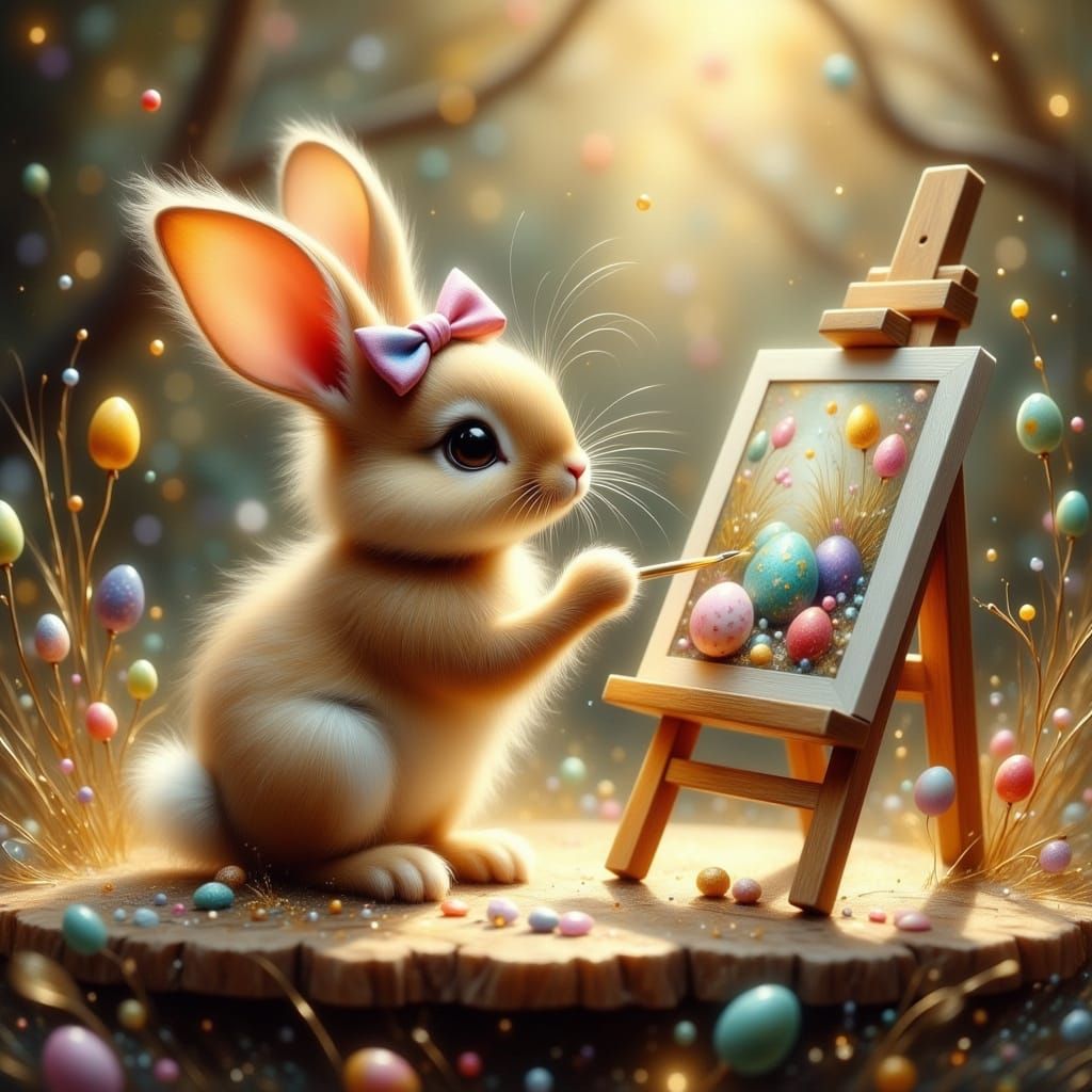 Whimsical Baby Rabbit at Easel in Golden Light