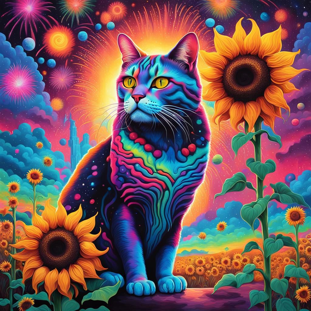 Psychedelic Cat in Surrealist Salvador Dali Landscape