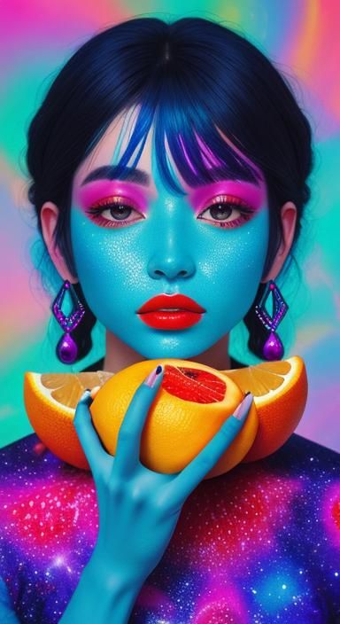 Girl Eating Fruit: Holographic Astral Illustration