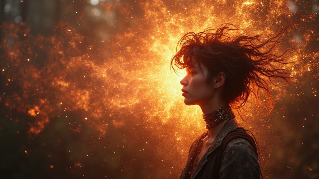 Dreamlike Metal Bar Artist Girl in Fiery Radiance