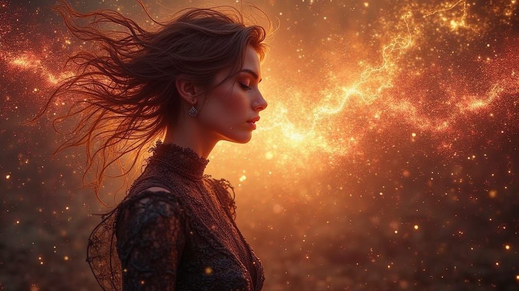 Dreamlike Metal Bar Artist Girl in Fiery God Rays