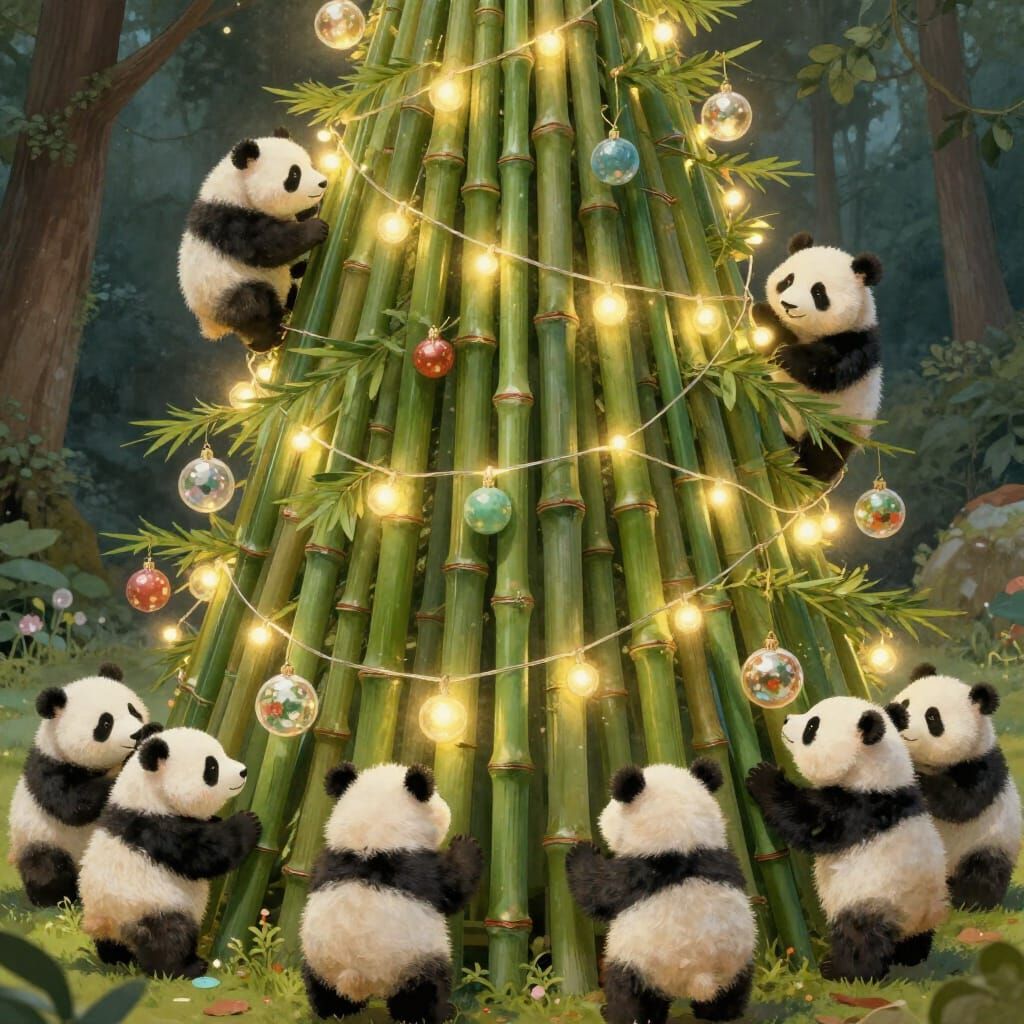 Bamboo Christmas Tree with Pandas in Storybook Style