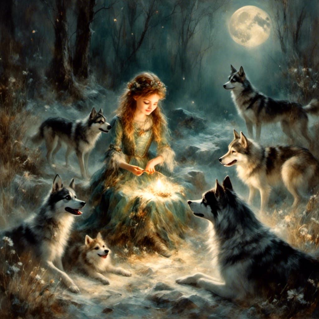 Moonlit Fairy Frolics with Huskies: Macabre Charcoal Art