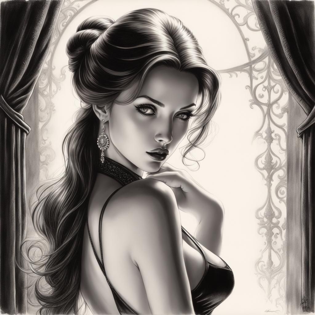 black and white pencil sketch.  feminine too