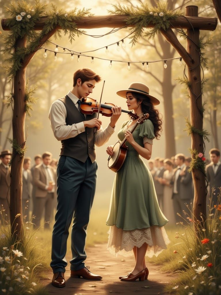 Couple Plays Music at Romantic Outdoor Wedding