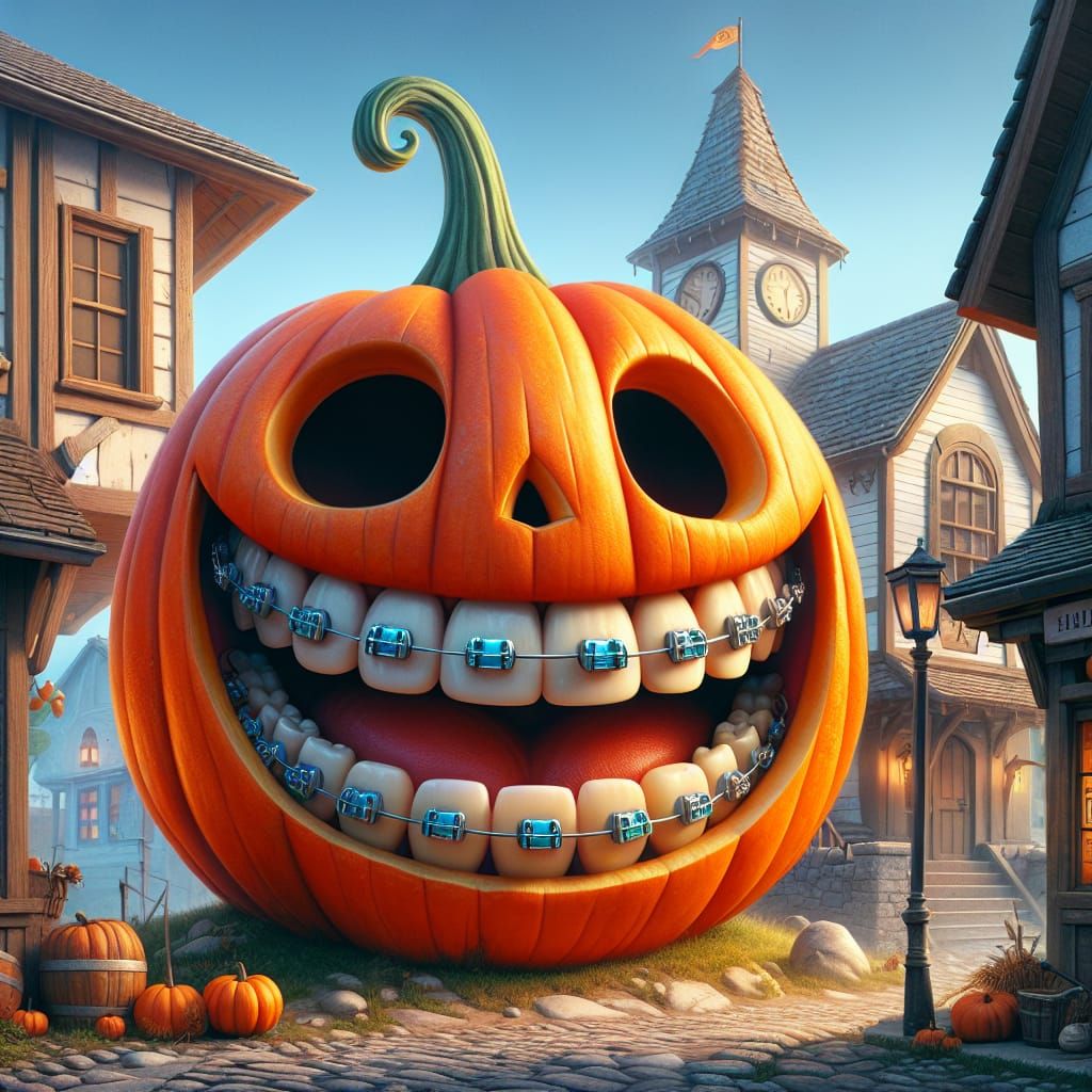 Halloween Pumpkin with Braces at Dentist Office