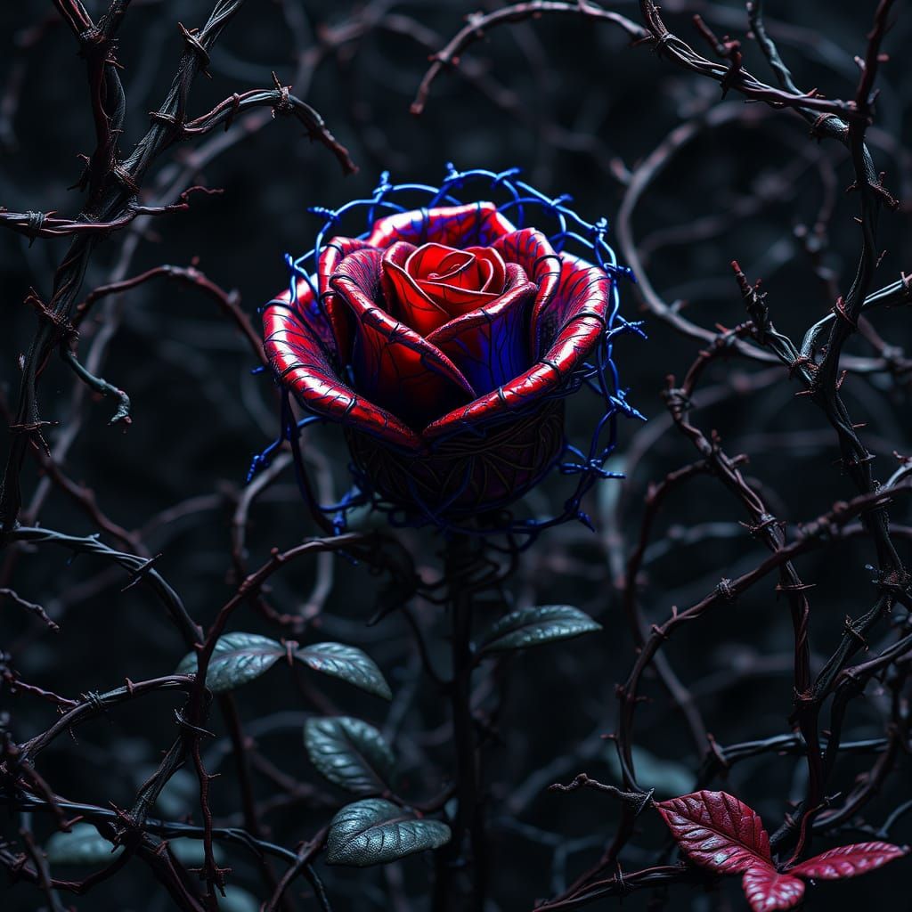 Barbed Wire Rose in Crimson and Cobalt Maze