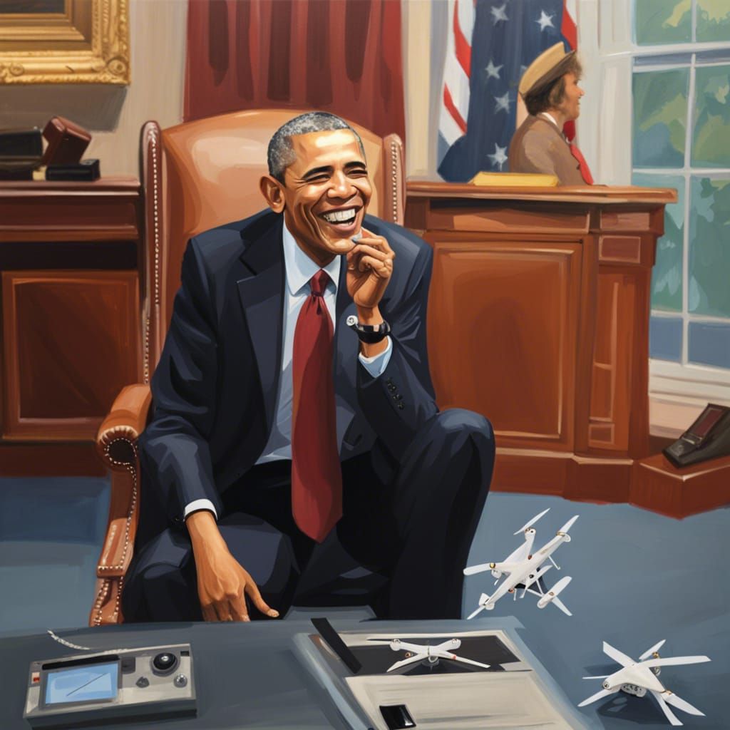 Obama and Drone in Oval Office: Oil Painting
