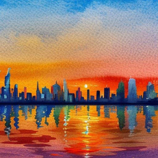 Epic Sunset Cityscape in Gouache Impressionist Style