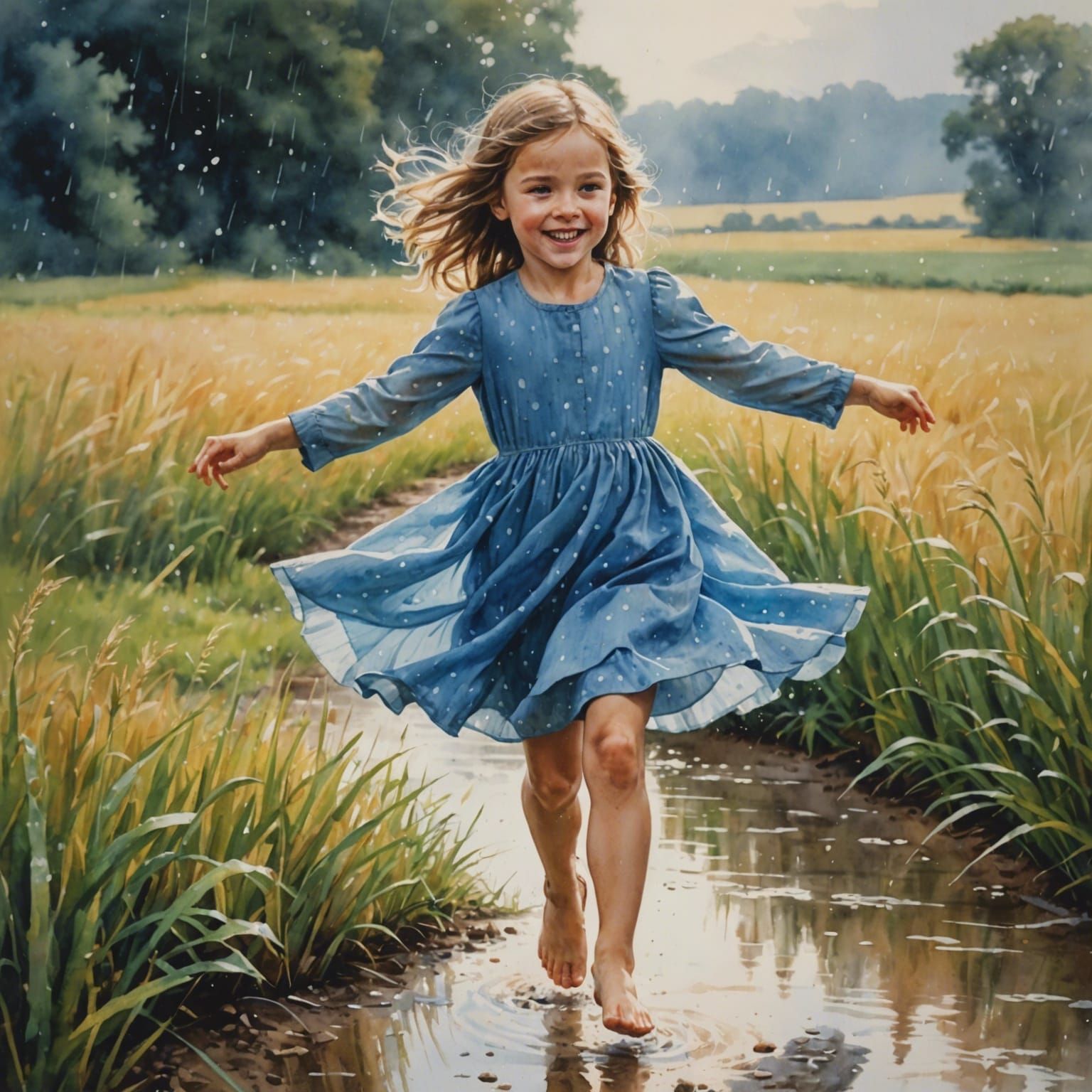 Little Girl Dancing in Summer Rain, Watercolour