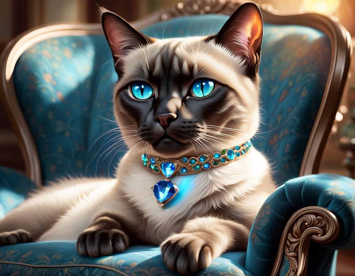 Siamese Cat with Bejeweled Collar in Digital Art