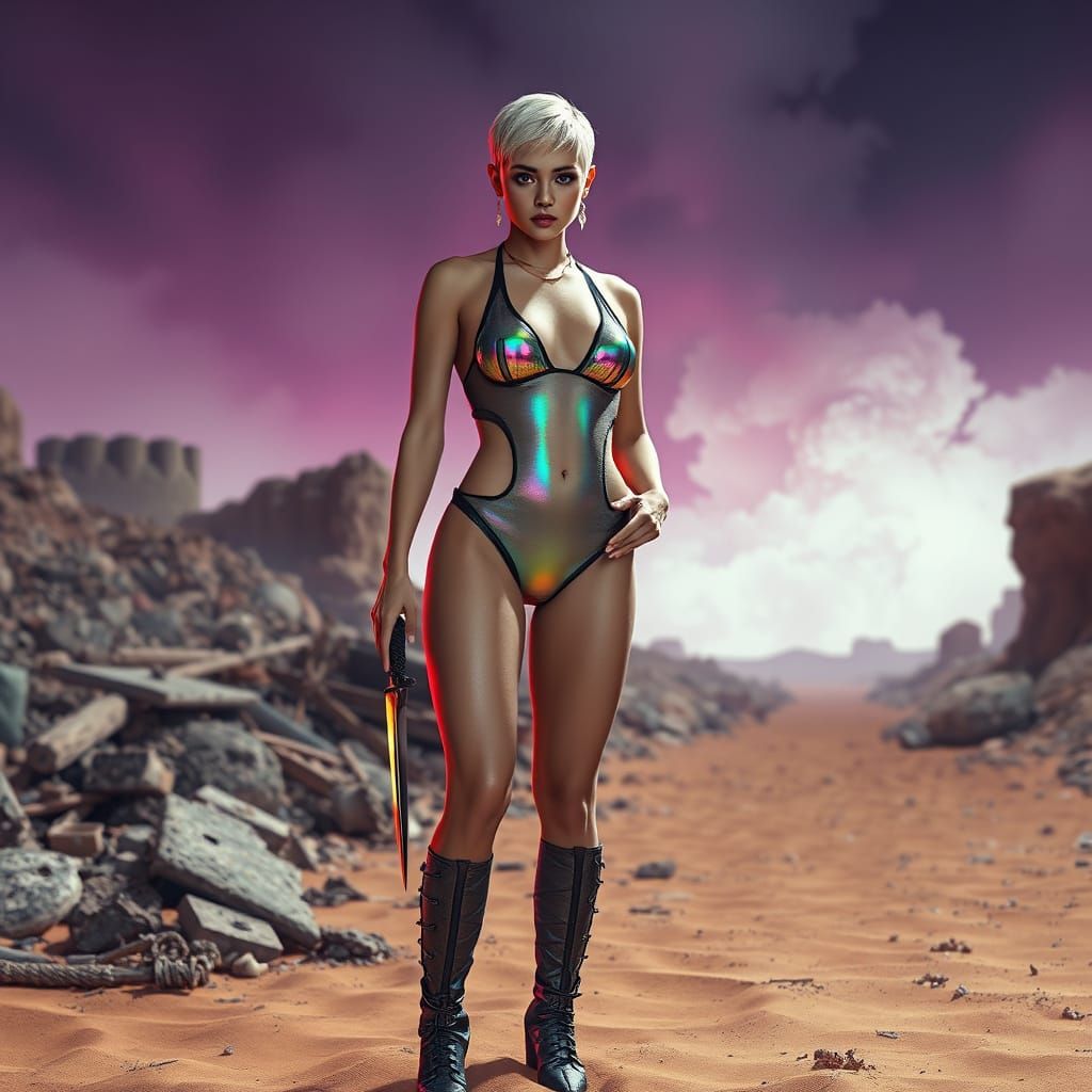 Futuristic Gladiator in Post-Apocalyptic Neon Desert