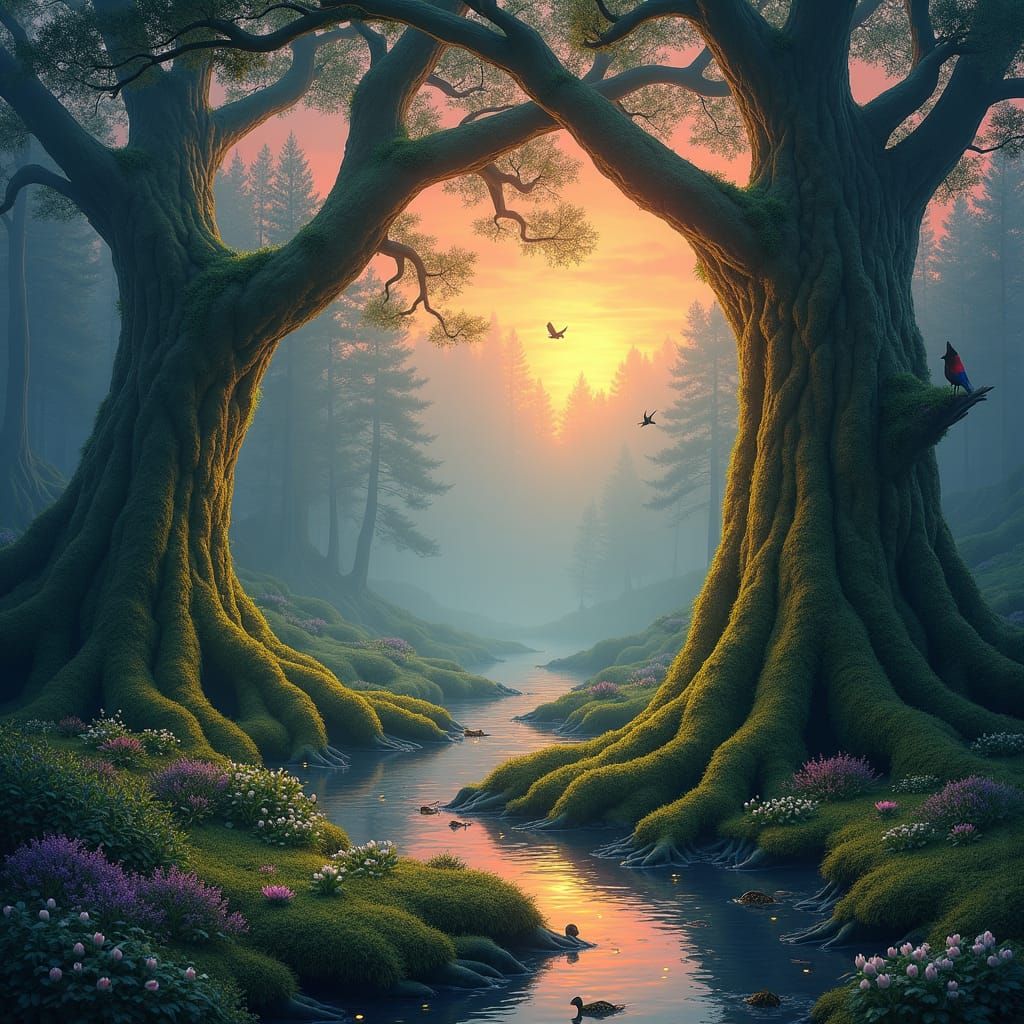 Enchanted Forest at Twilight with Golden Mist