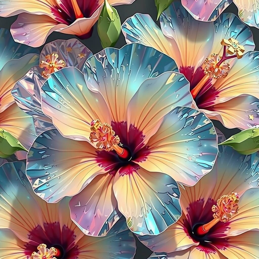 Aquamarine Crystal Hibiscus Flowers in Futuristic Style