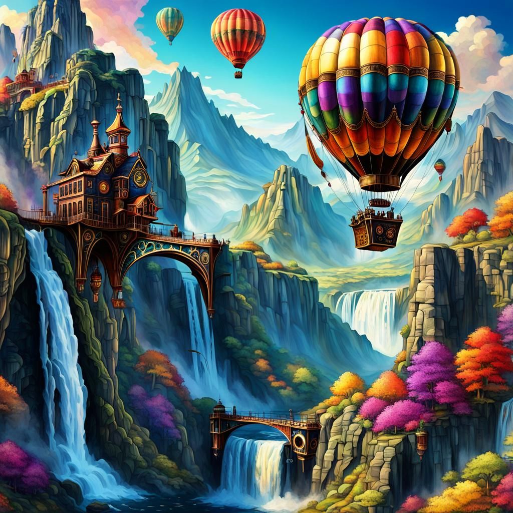 Steampunk Hot Air Balloon Over Mountain Waterfalls
