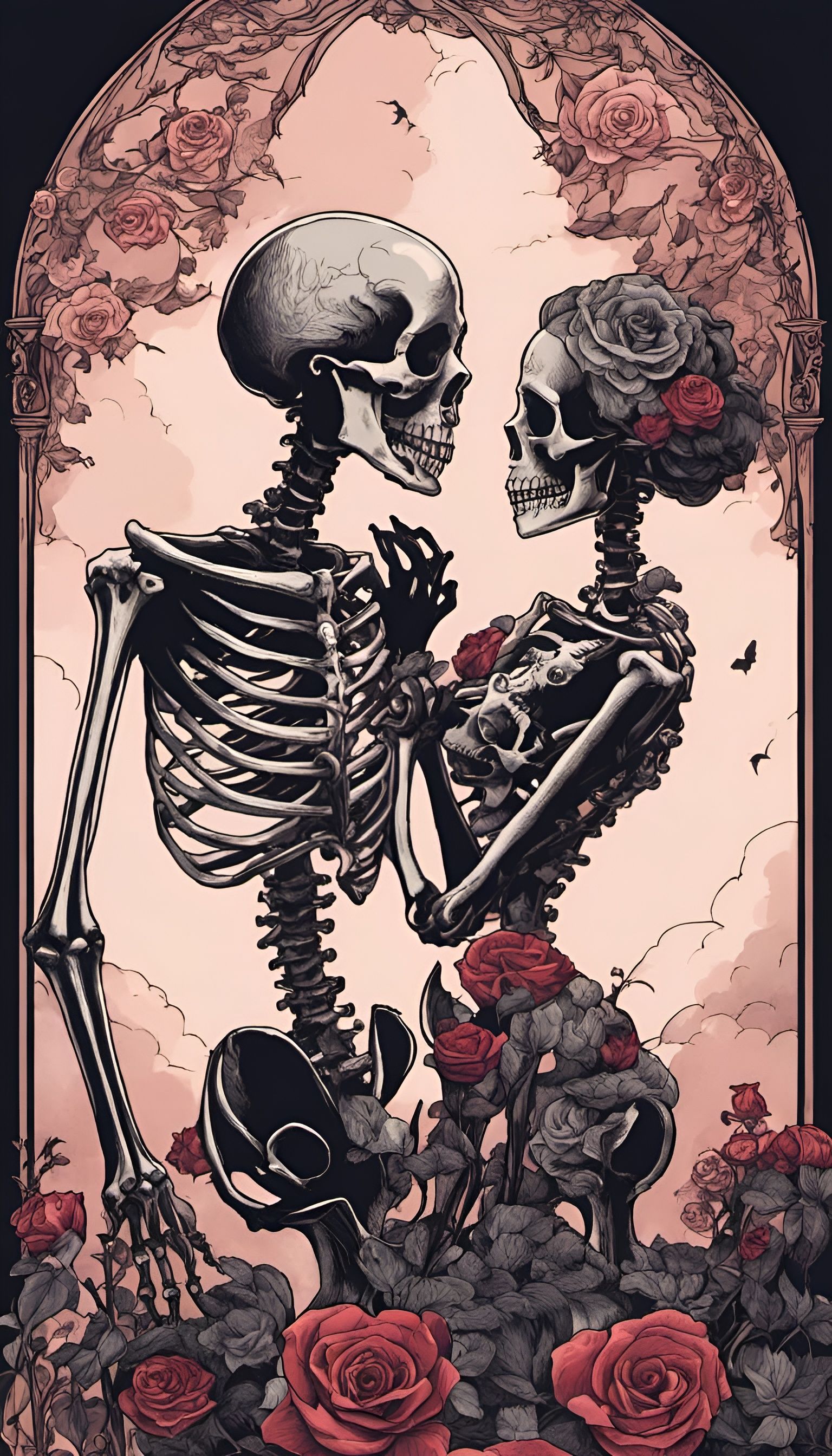 Skeletal Lovers Embrace Under Night Sky