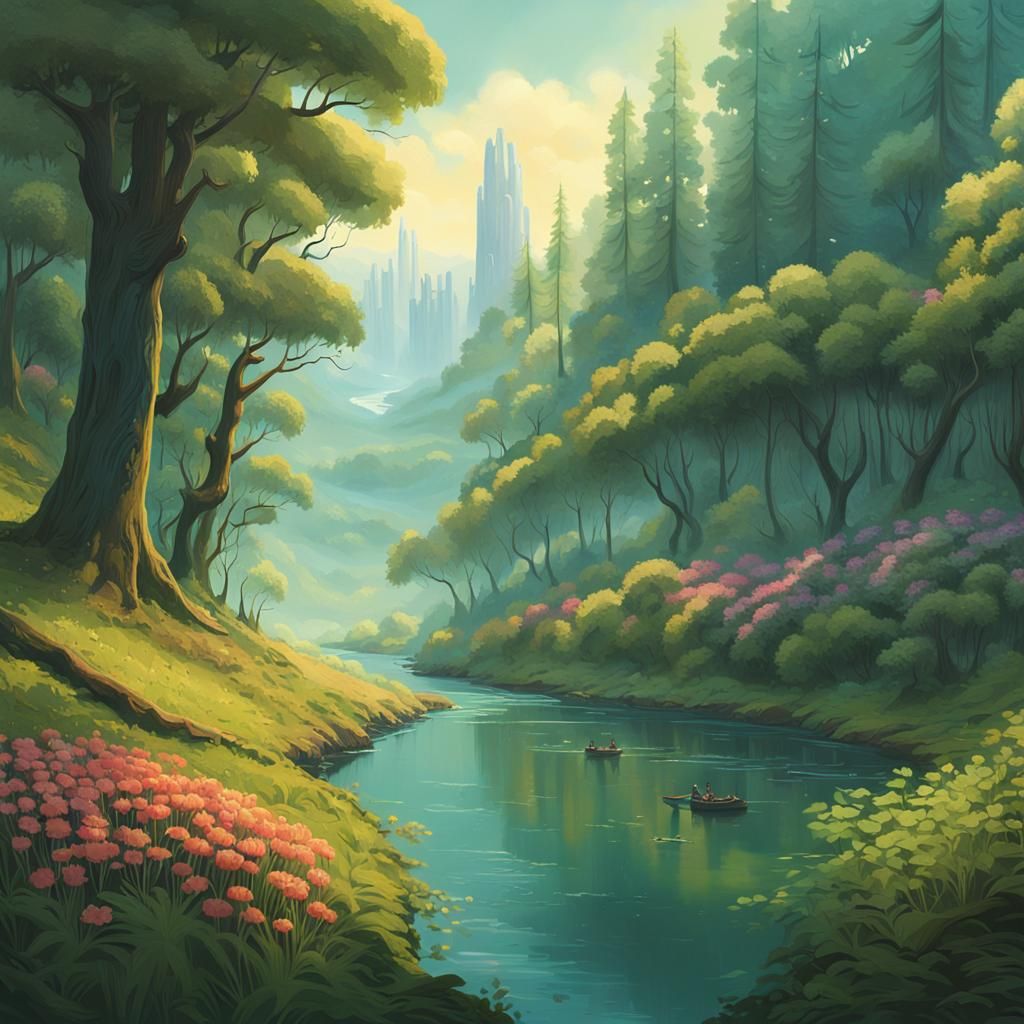 Lush River Valley in Detailed Digital Matte Painting Style