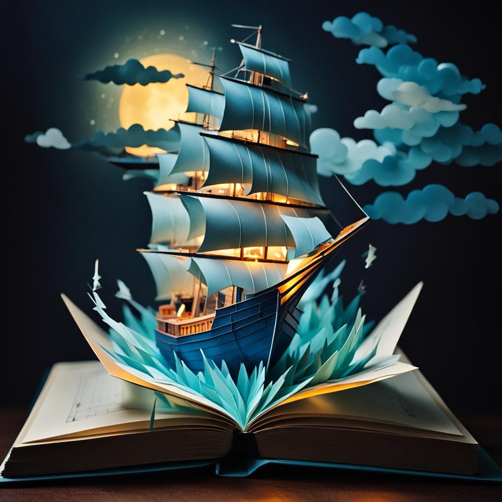 Origami Ship on Stormy Seas in Photorealistic Style