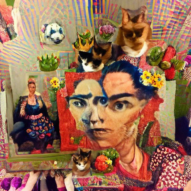 Frida Kahlo Inspired Self-Portrait with Cats, Impasto Style