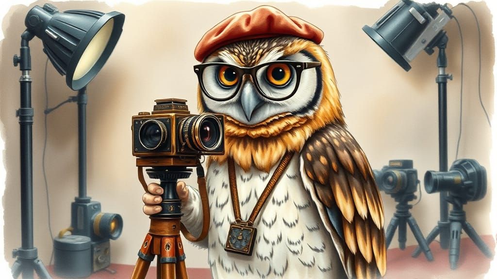 Anthropomorphic Owl Photographer in Watercolour Style