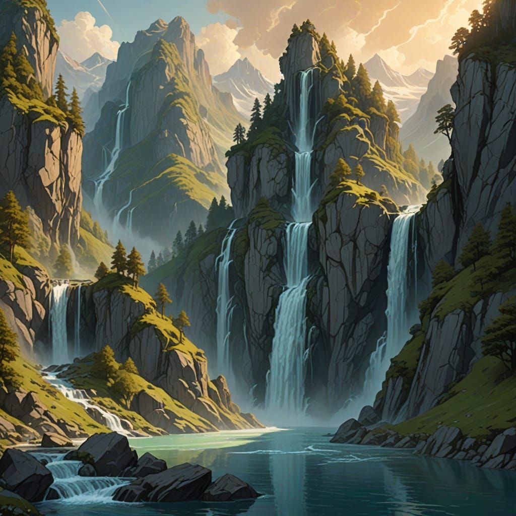 Colossal Thor Statue in Misty Alps Valley - Art Nouveau Styl...