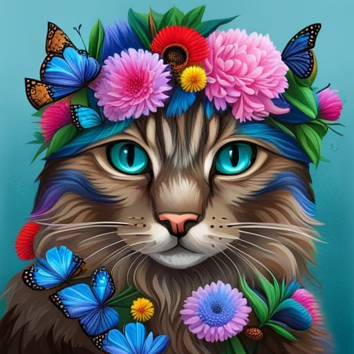 Pastel Cat with Flower Wreath, Digital Painting