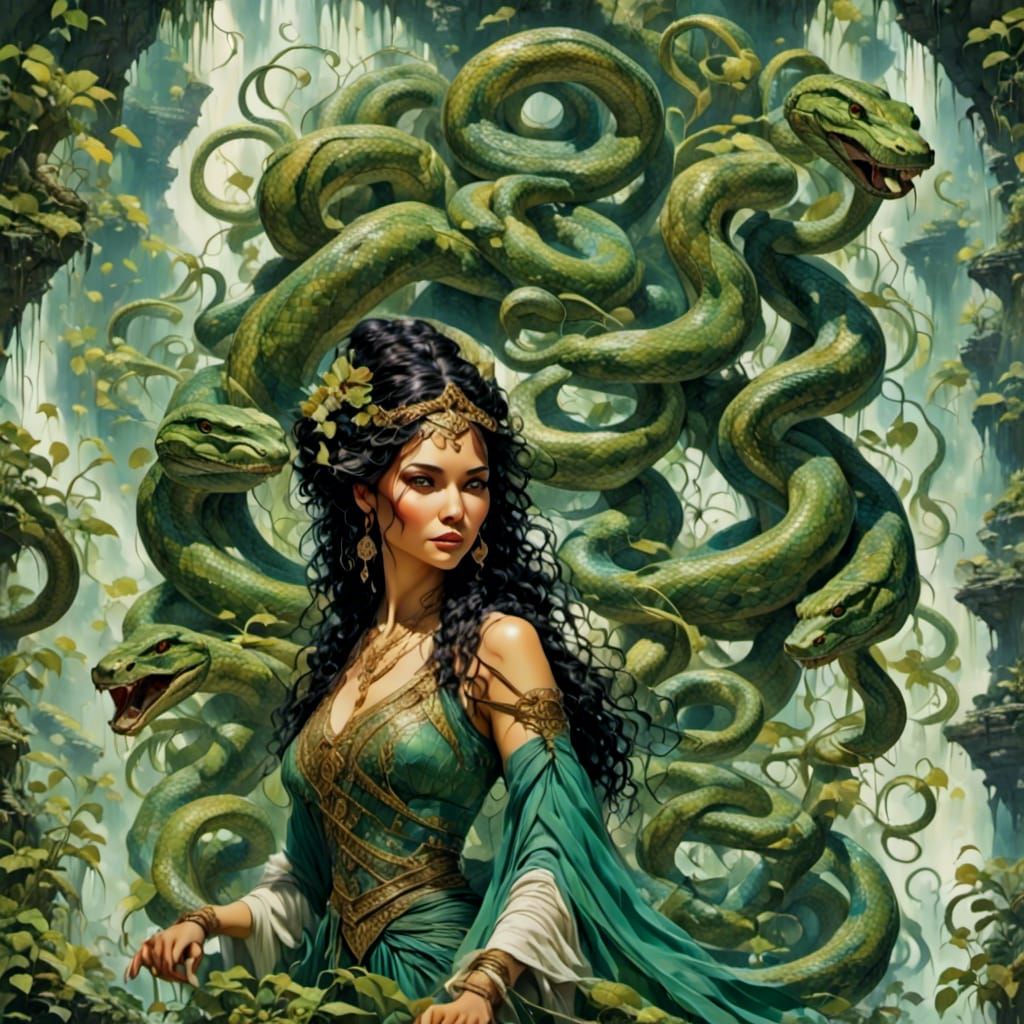 Gorgon Archer in Temple: Pulp Comic Art Style