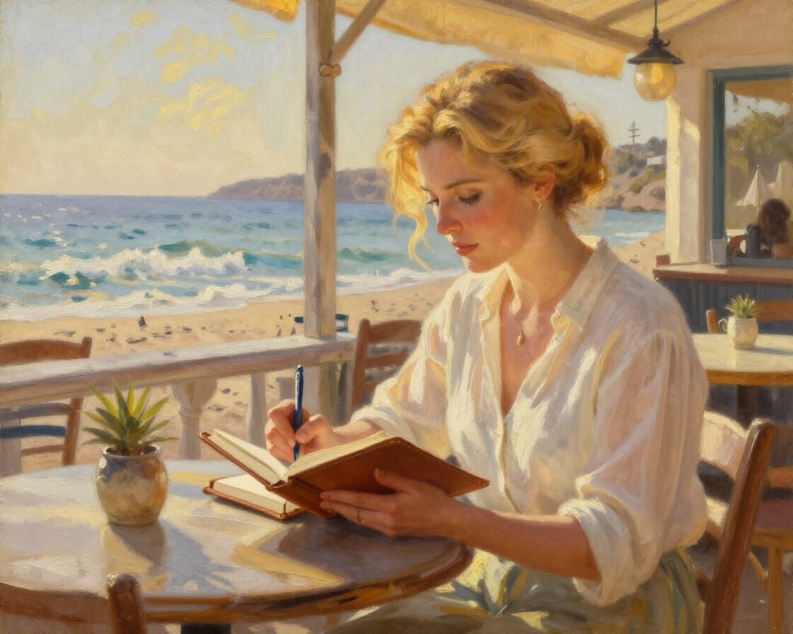 Woman Writing Novel at Beach Cafe in Golden Hour Light