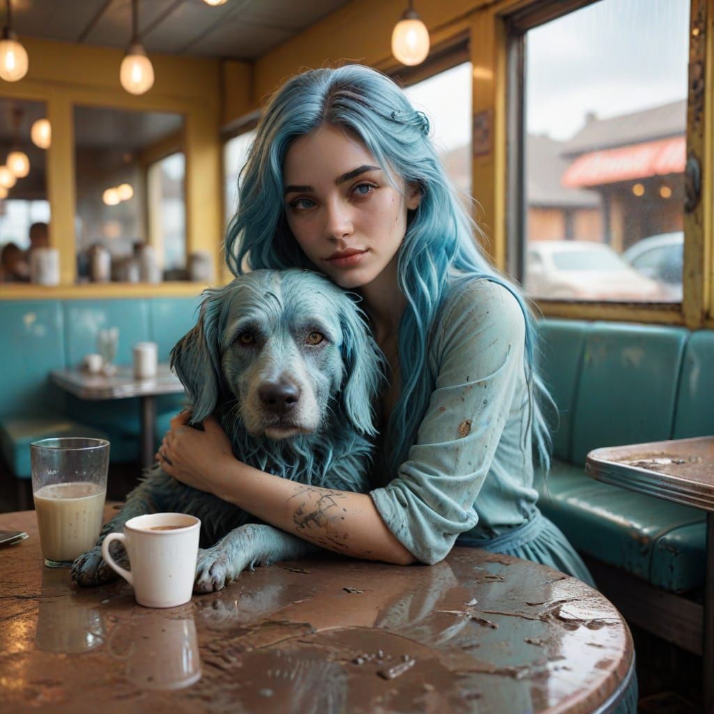 Fairycore Woman and Dog in Pastel Diner