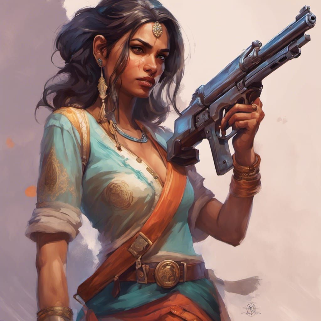 Indian Spygirl with Gun: Hyperdetailed Digital Art