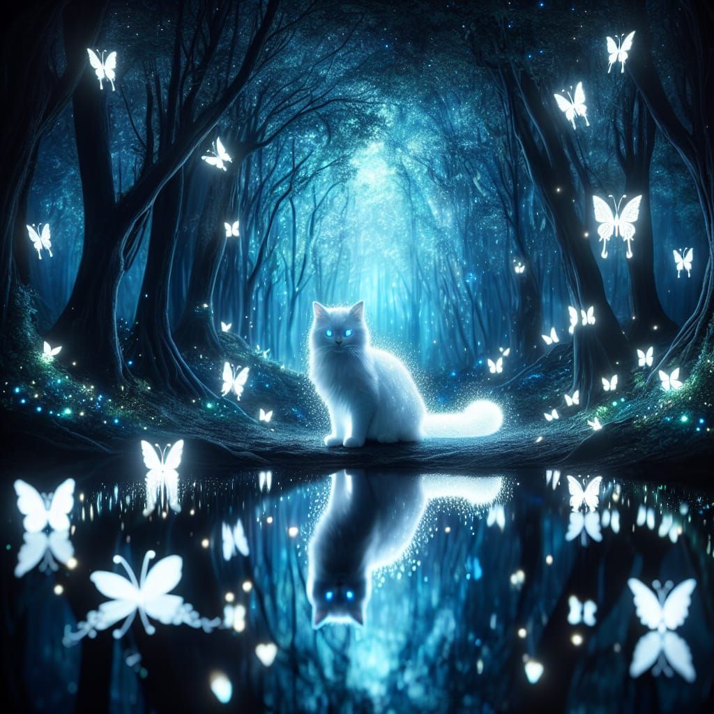 Bioluminescent Cat Guardian in Enchanted Forest