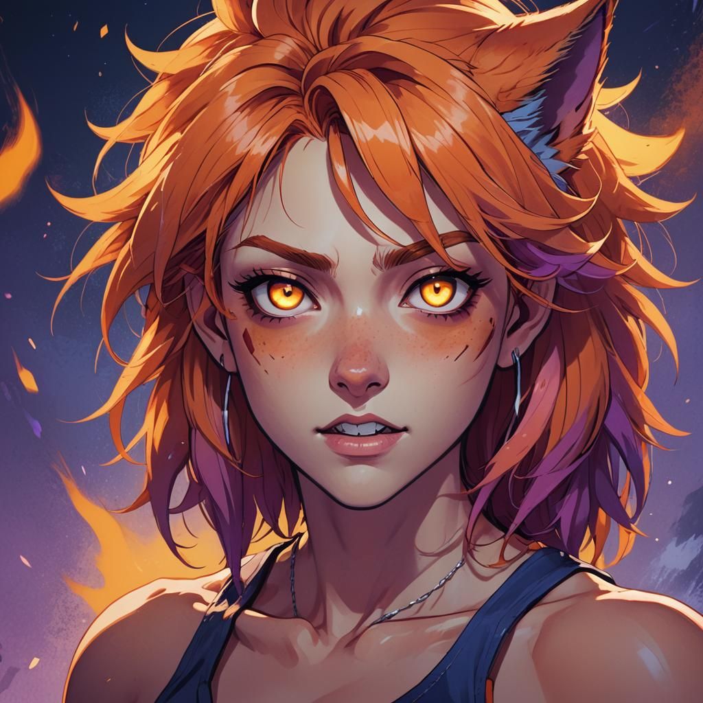 Anime Werewolf Girl Portrait with Fiery Hair