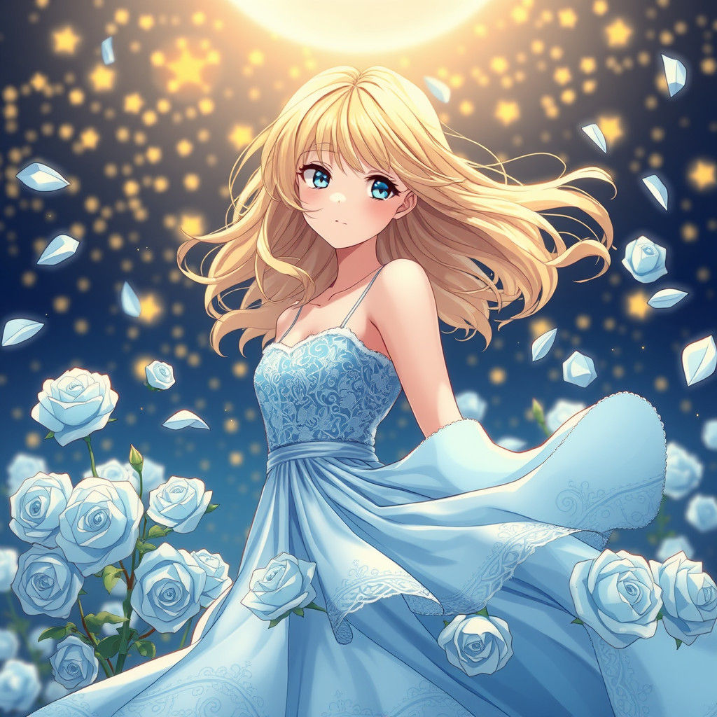 Anime Girl Surrounded by Blue Roses in Manga Style