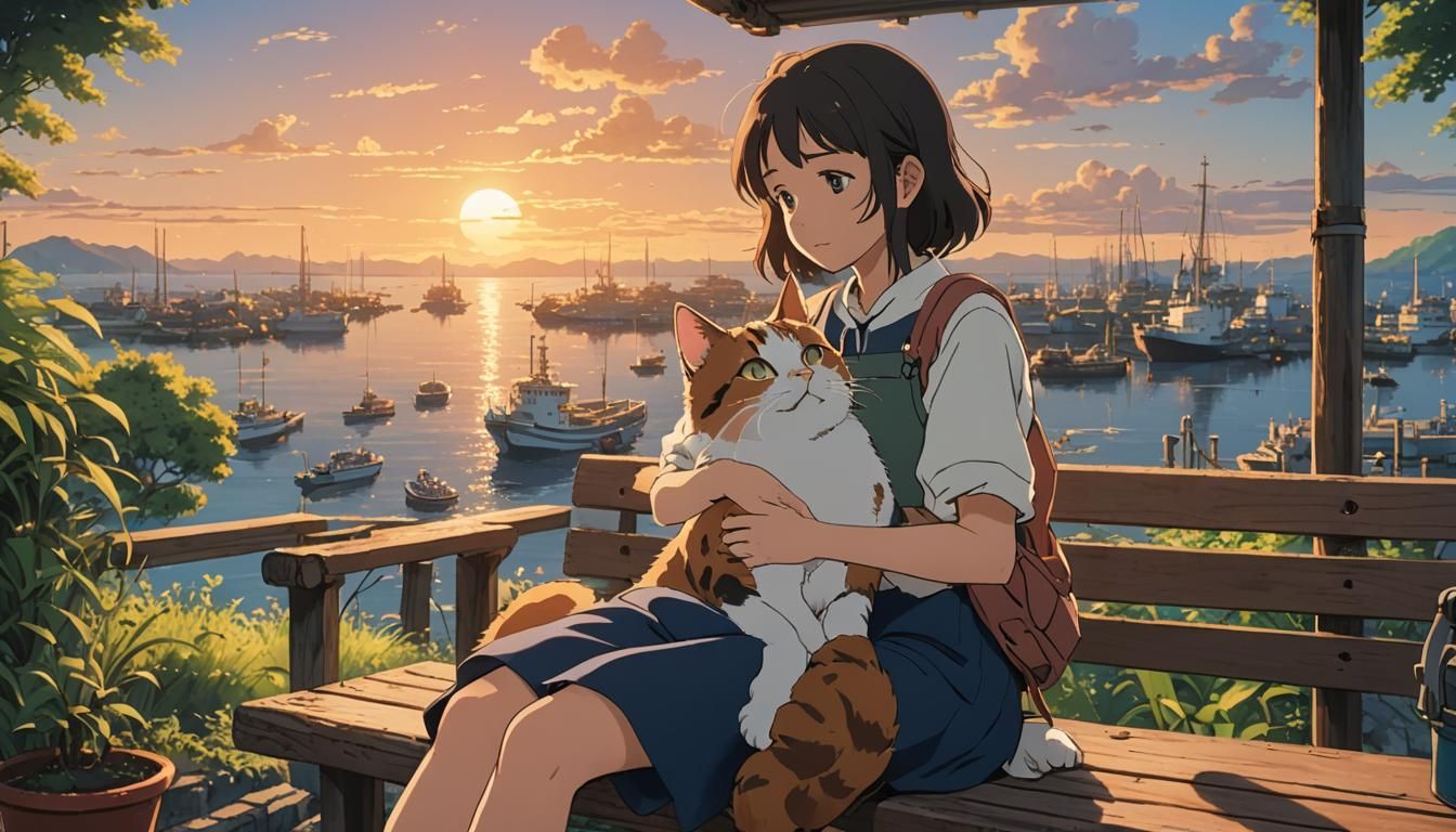Girl Hugging Cat at Sunset in Ghibli Style