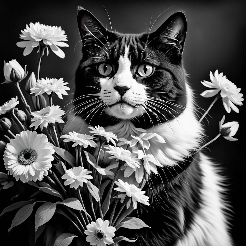 Elegant Monochrome Portrait of Cat with Flowers