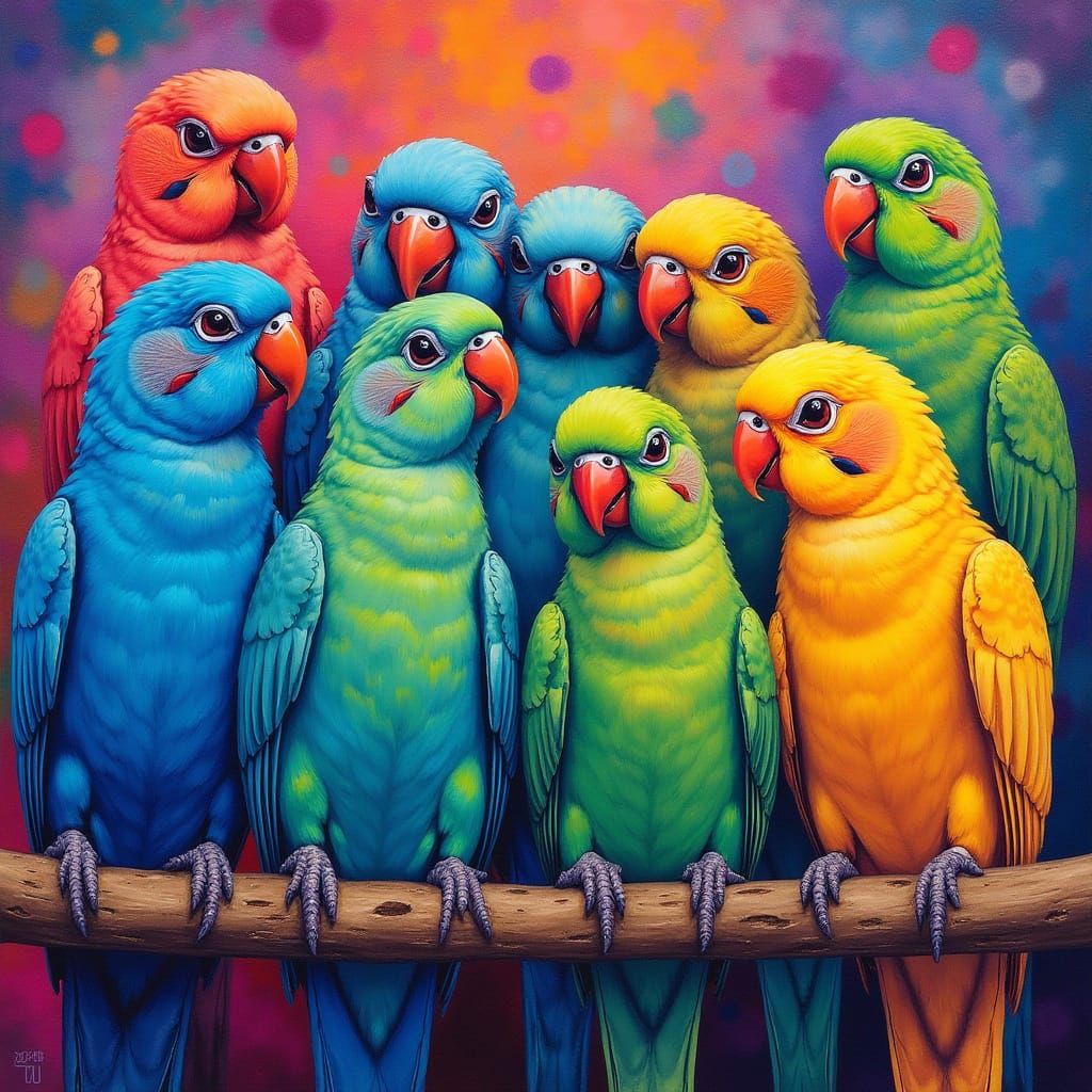 Vibrant Parakeets in Psychedelic Concert Scene, Gouache Pain...
