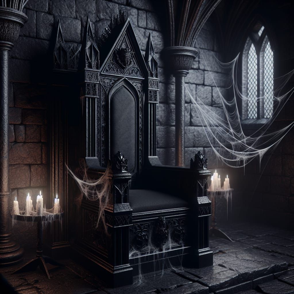 A black ebony Wood Gothic Throne Seat, in an ancient Gothic castle, hyper-detailed with cobwebs, dark mood illuminatedby...