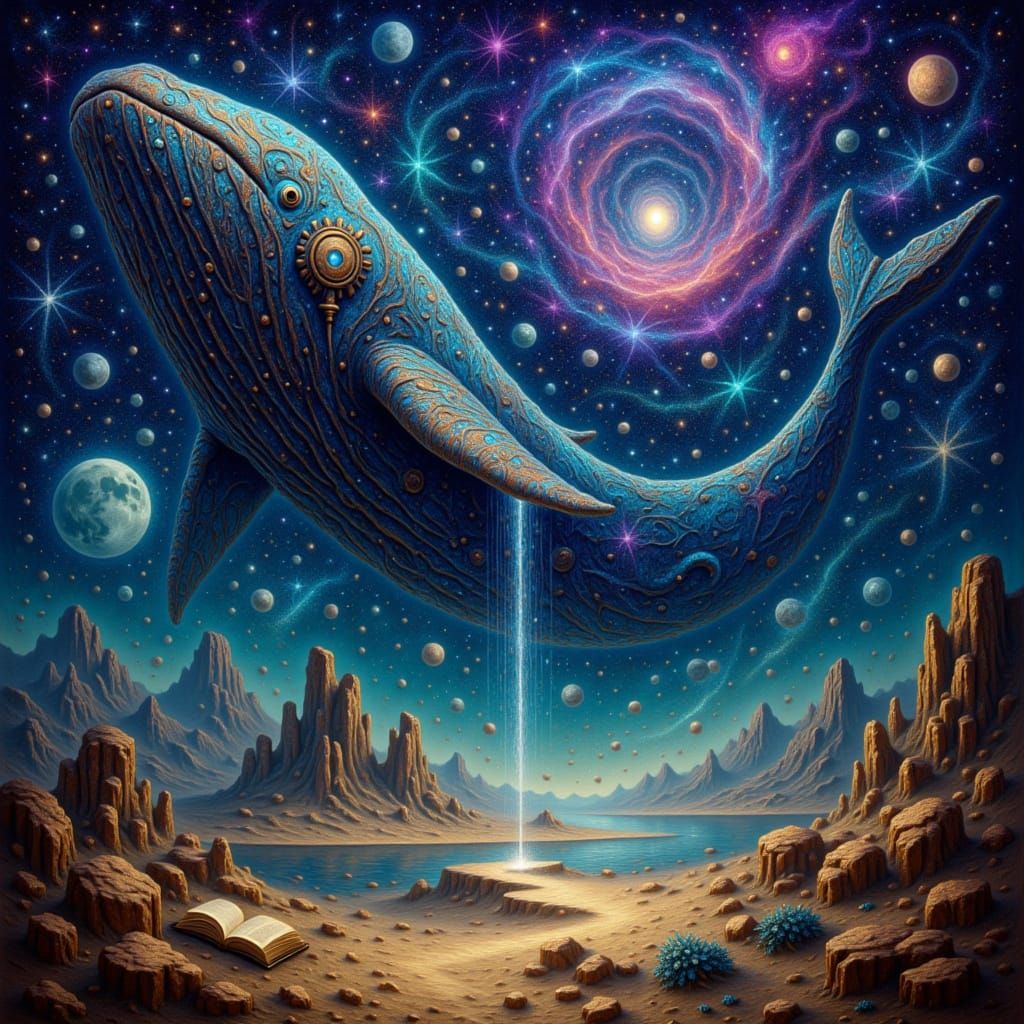 Cosmic Whale Navigates Surreal Dreamscape