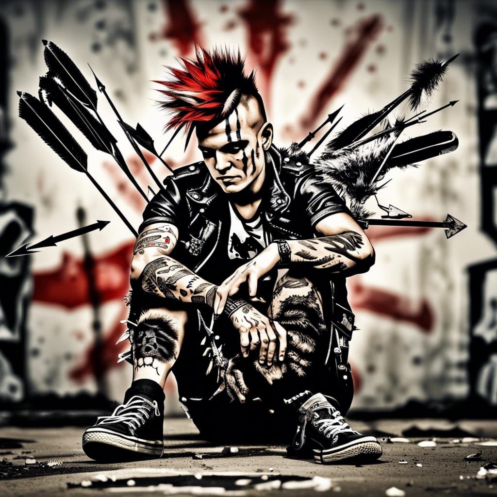 trash polka design of a punk with spiked hair on one knee, with arrows in his back and anarchy symbol in the background,...