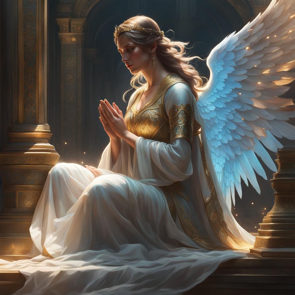 Veiled Angel Kneeling in Prayer: Hyperdetailed Concept Art