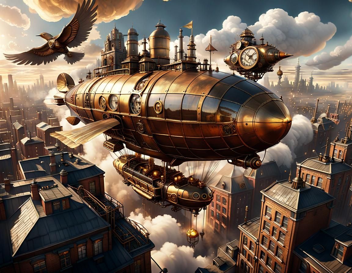 Steampunk Airship Over Golden City in Cinematic Style