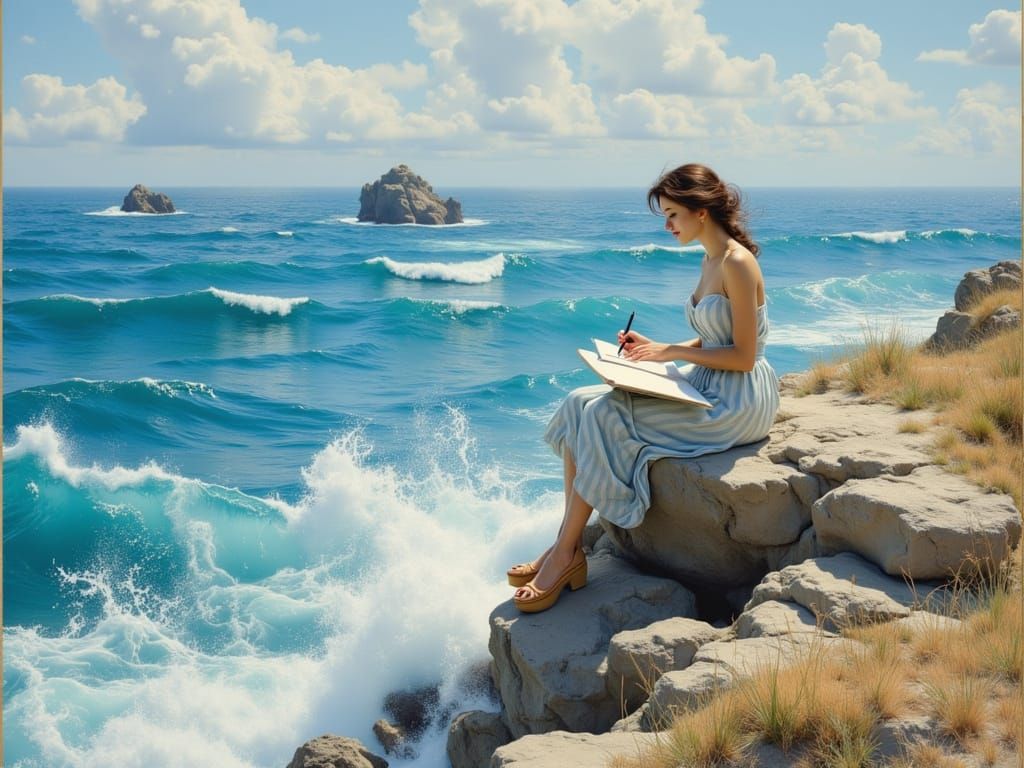 Impressionistic Woman Writing Seaside Letter