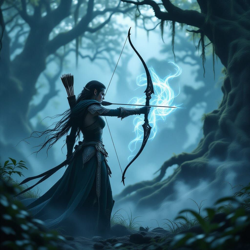 Elven Huntress in Misty Forest: Digital Painting