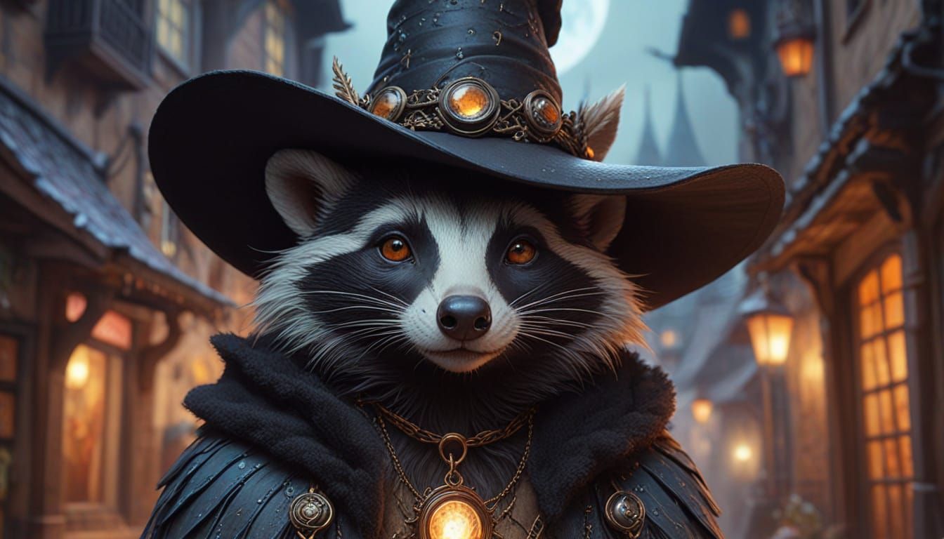 Fantasy Badger Witch in Vibrant Mystic Town