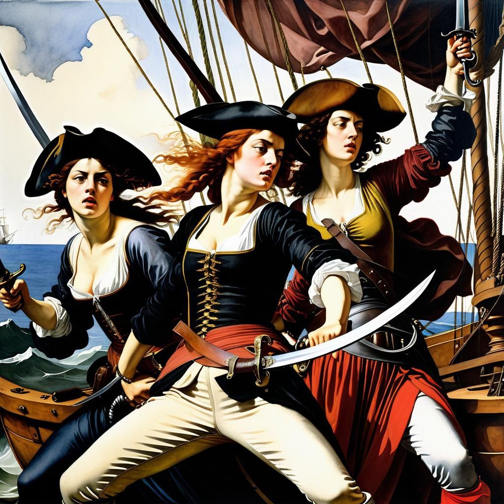 Women Pirates Battle in Ink Print Style