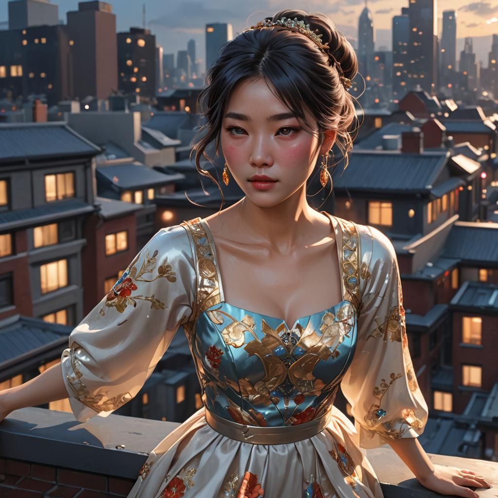 Korean Girl at Rooftop Party: Hyperdetailed Portrait