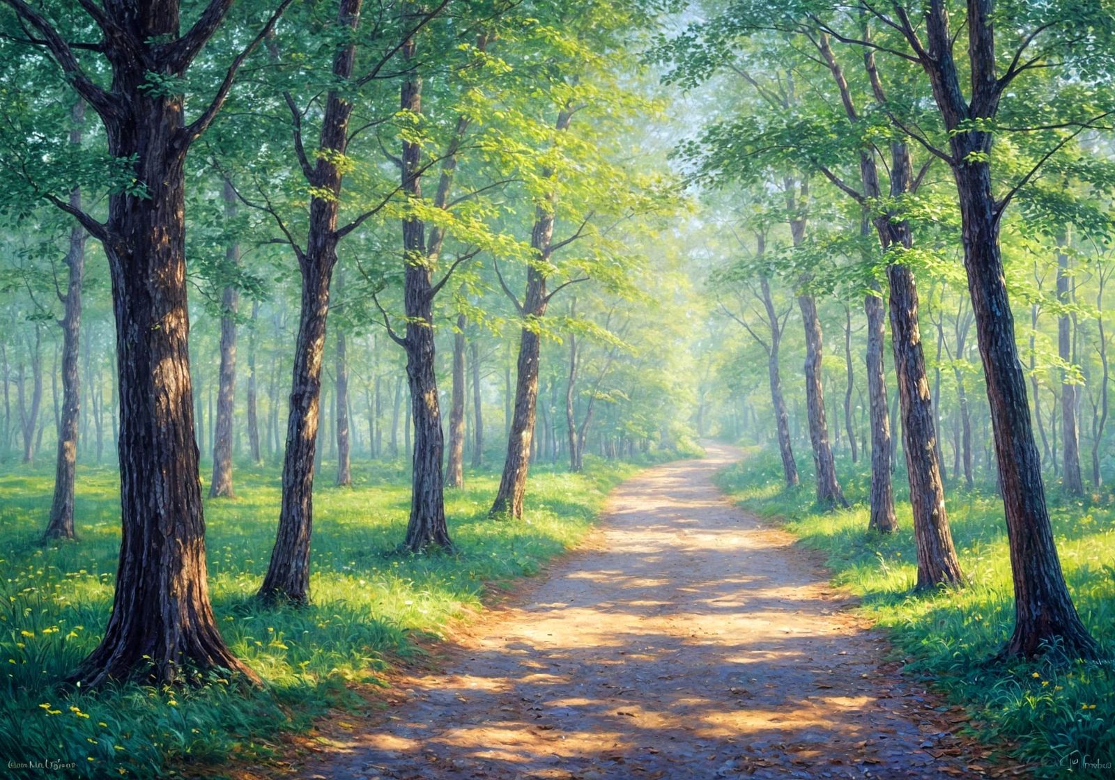 Impressionist Forest Path with Dappled Sunlight