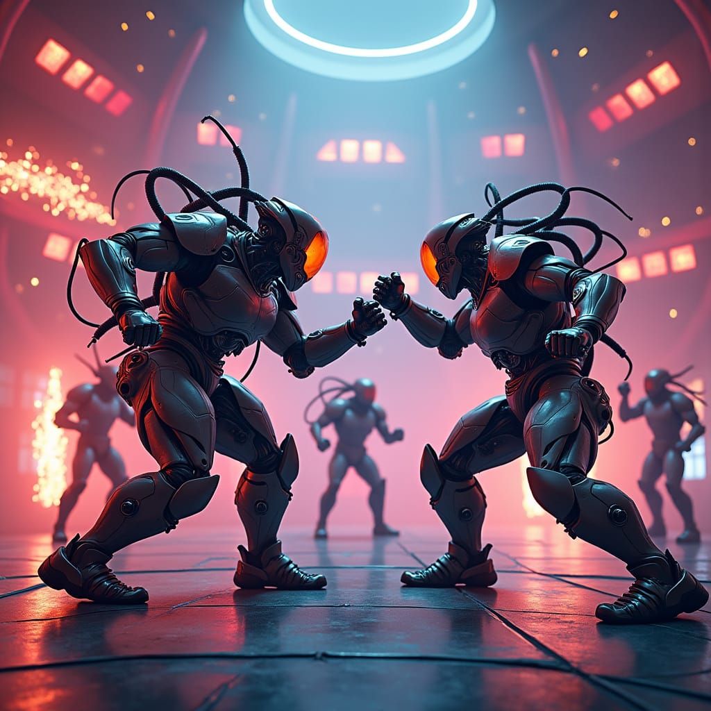 Battle Borgs Clash in Neon Arena, Hyper-Realistic Render