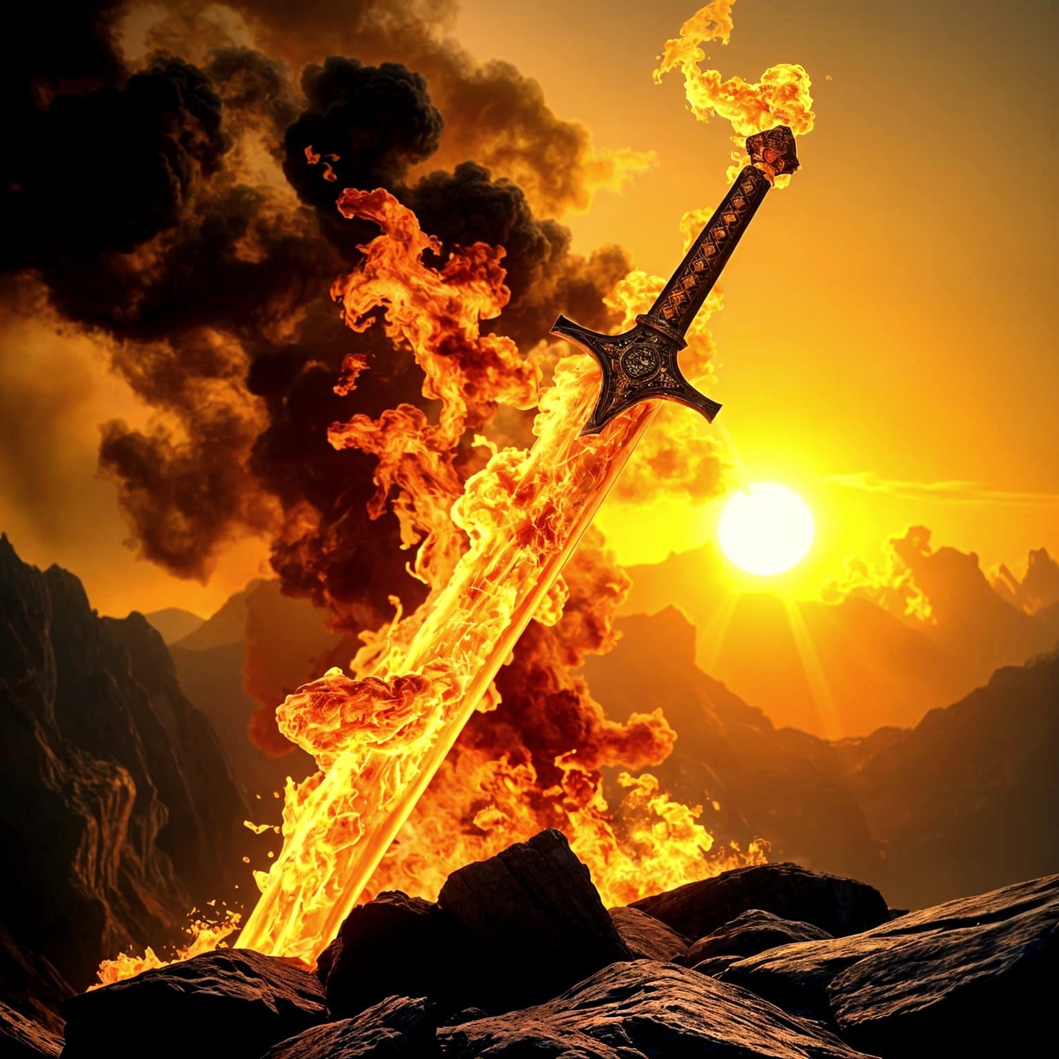 Sword of Fire Illuminates Golden Sunset Landscape
