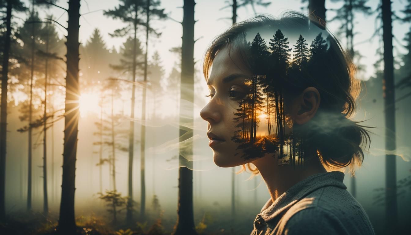 Surreal Double Exposure Portrait in Forest Landscape